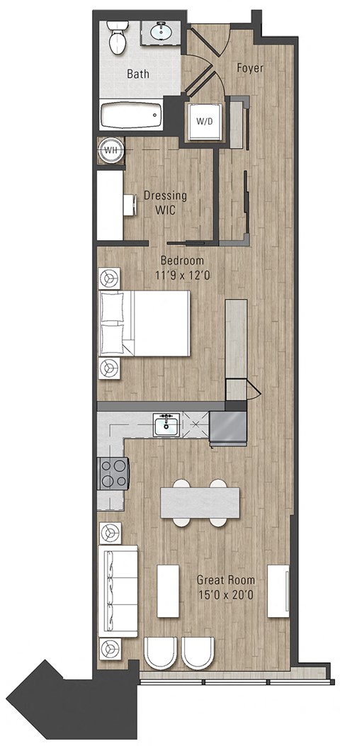 Floor plan for 1 bed, 1 bath, 800 sqft